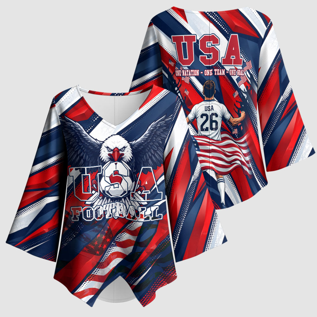 USA World Football Kimono Sleeve Blouse One Team One Goal - Patriotic Bald Eagle Mascot Soccer