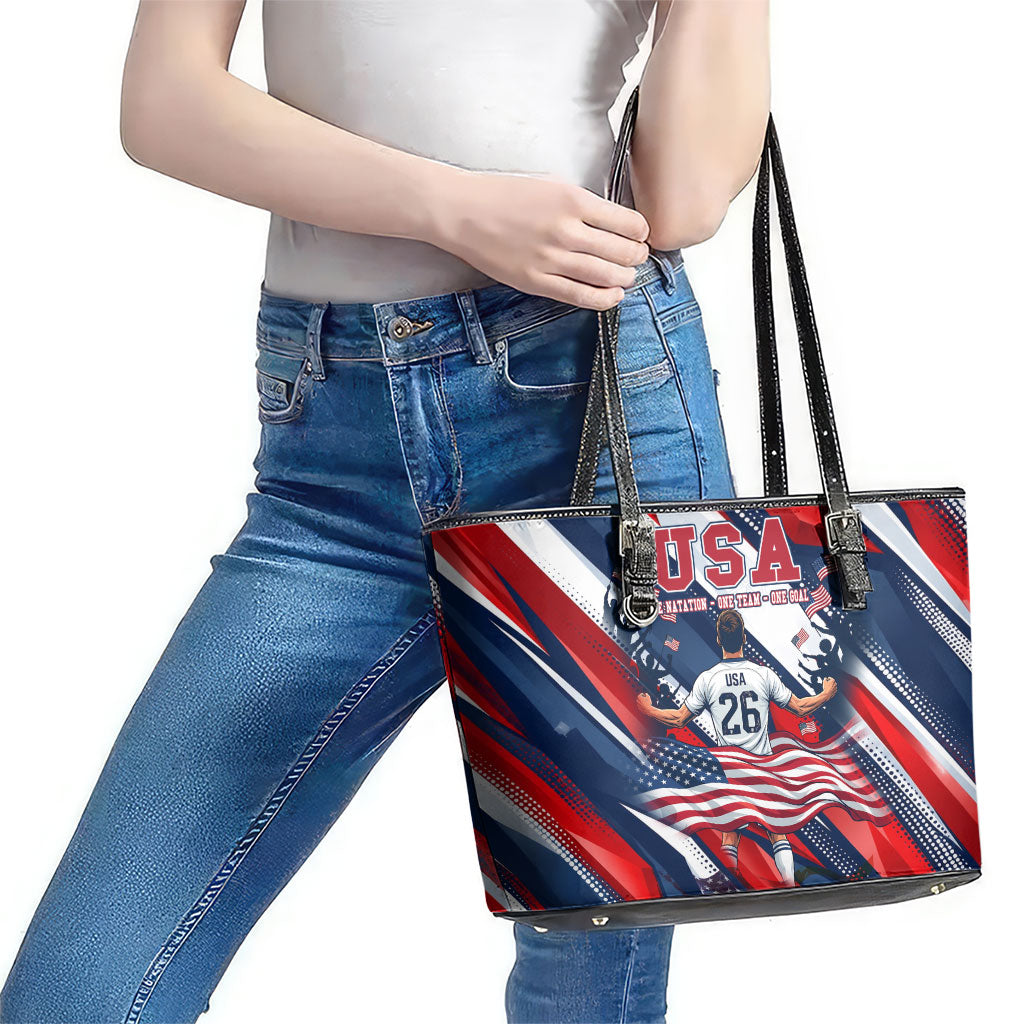USA World Football Leather Tote Bag One Team One Goal - Patriotic Bald Eagle Mascot Soccer