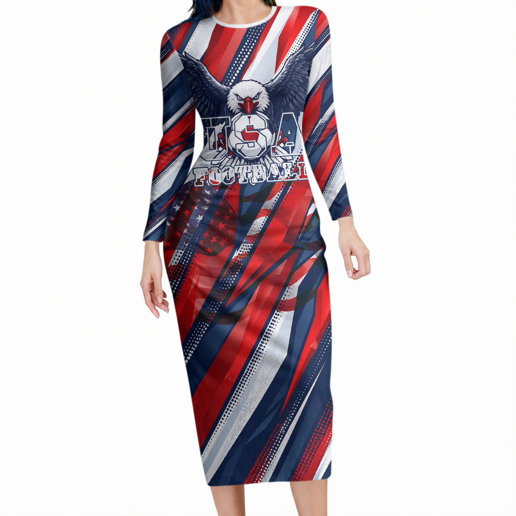 USA World Football Long Sleeve Bodycon Dress One Team One Goal - Patriotic Bald Eagle Mascot Soccer