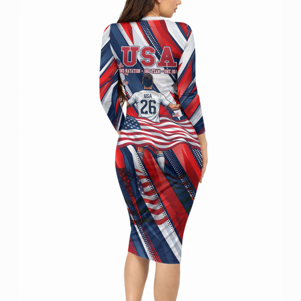 USA World Football Long Sleeve Bodycon Dress One Team One Goal - Patriotic Bald Eagle Mascot Soccer