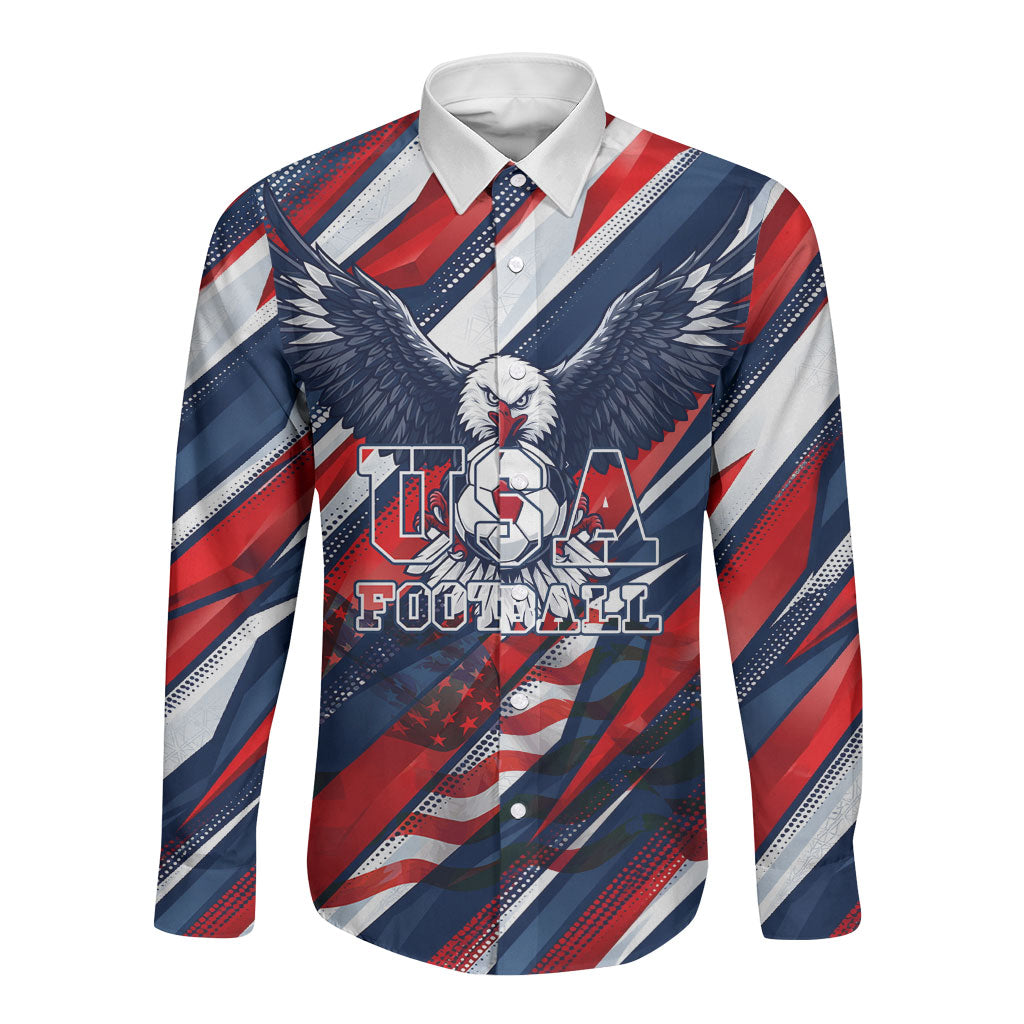USA World Football Long Sleeve Button Shirt One Team One Goal - Patriotic Bald Eagle Mascot Soccer