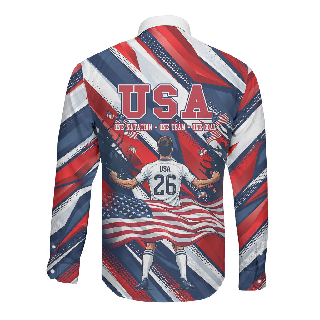 USA World Football Long Sleeve Button Shirt One Team One Goal - Patriotic Bald Eagle Mascot Soccer