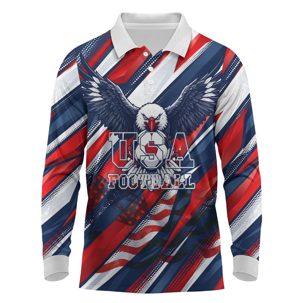 USA World Football Long Sleeve Polo Shirt One Team One Goal - Patriotic Bald Eagle Mascot Soccer