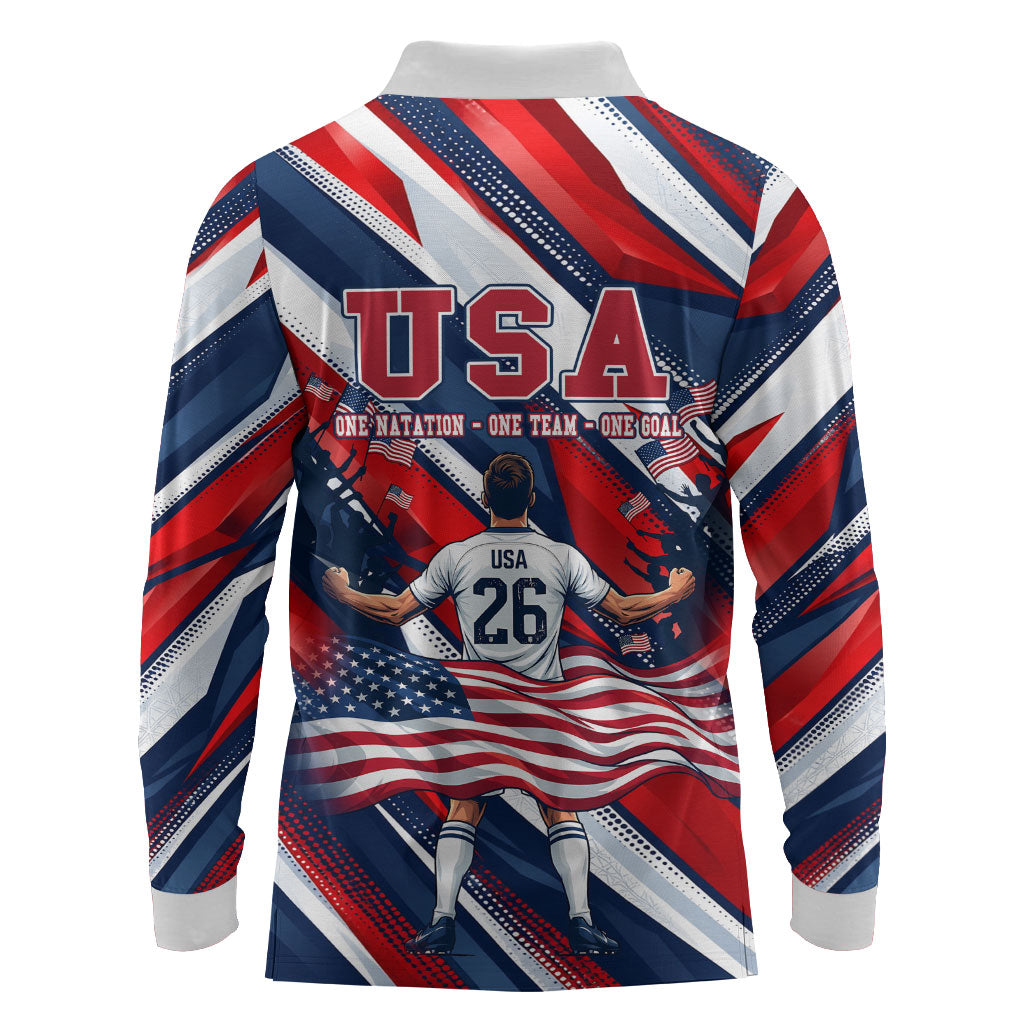 USA World Football Long Sleeve Polo Shirt One Team One Goal - Patriotic Bald Eagle Mascot Soccer