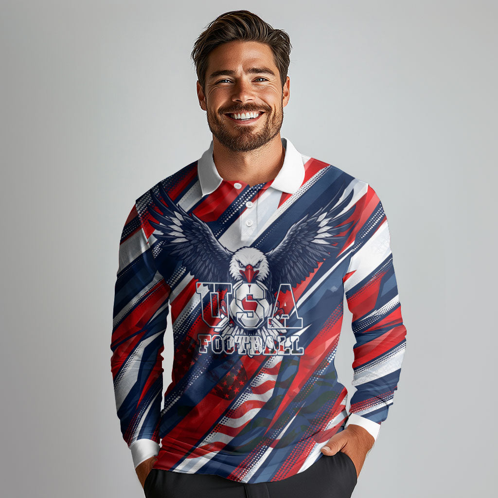 USA World Football Long Sleeve Polo Shirt One Team One Goal - Patriotic Bald Eagle Mascot Soccer