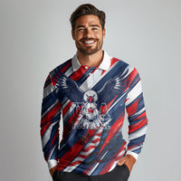 USA World Football Long Sleeve Polo Shirt One Team One Goal - Patriotic Bald Eagle Mascot Soccer