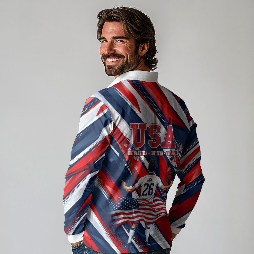 USA World Football Long Sleeve Polo Shirt One Team One Goal - Patriotic Bald Eagle Mascot Soccer