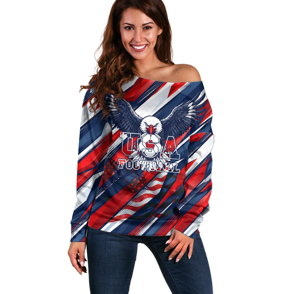 USA World Football Off Shoulder Sweater One Team One Goal - Patriotic Bald Eagle Mascot Soccer