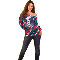 USA World Football Off Shoulder Sweater One Team One Goal - Patriotic Bald Eagle Mascot Soccer