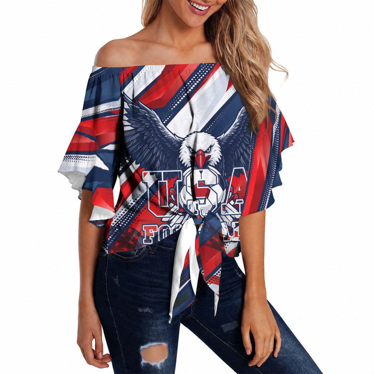 USA World Football Off Shoulder Wrap Waist Top One Team One Goal - Patriotic Bald Eagle Mascot Soccer