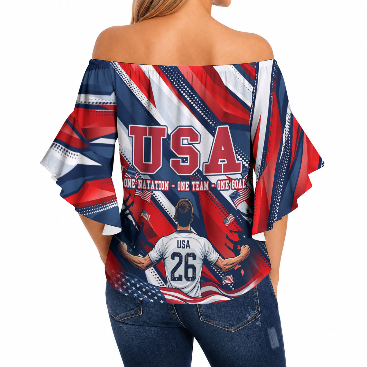 USA World Football Off Shoulder Wrap Waist Top One Team One Goal - Patriotic Bald Eagle Mascot Soccer