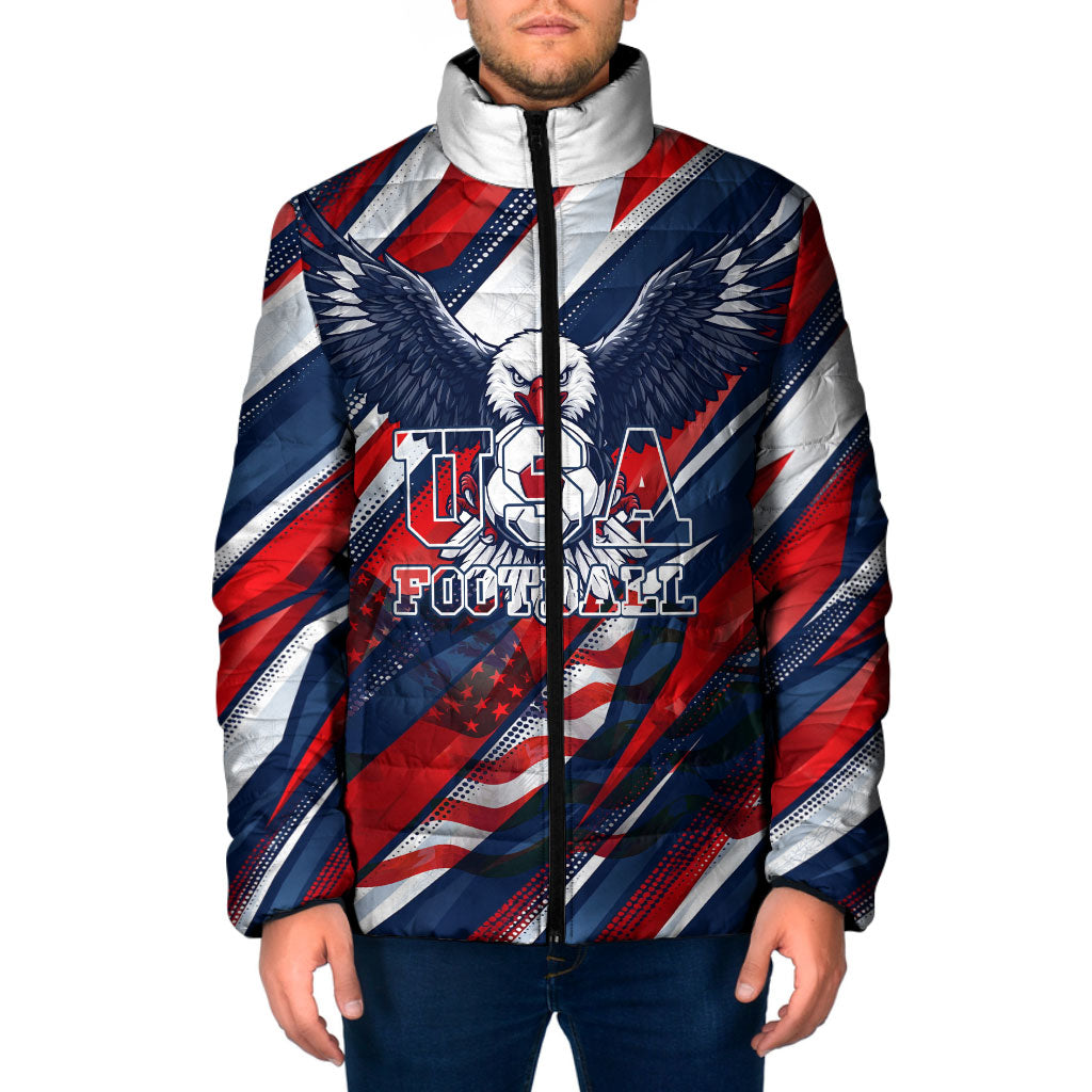 USA World Football Padded Jacket One Team One Goal - Patriotic Bald Eagle Mascot Soccer