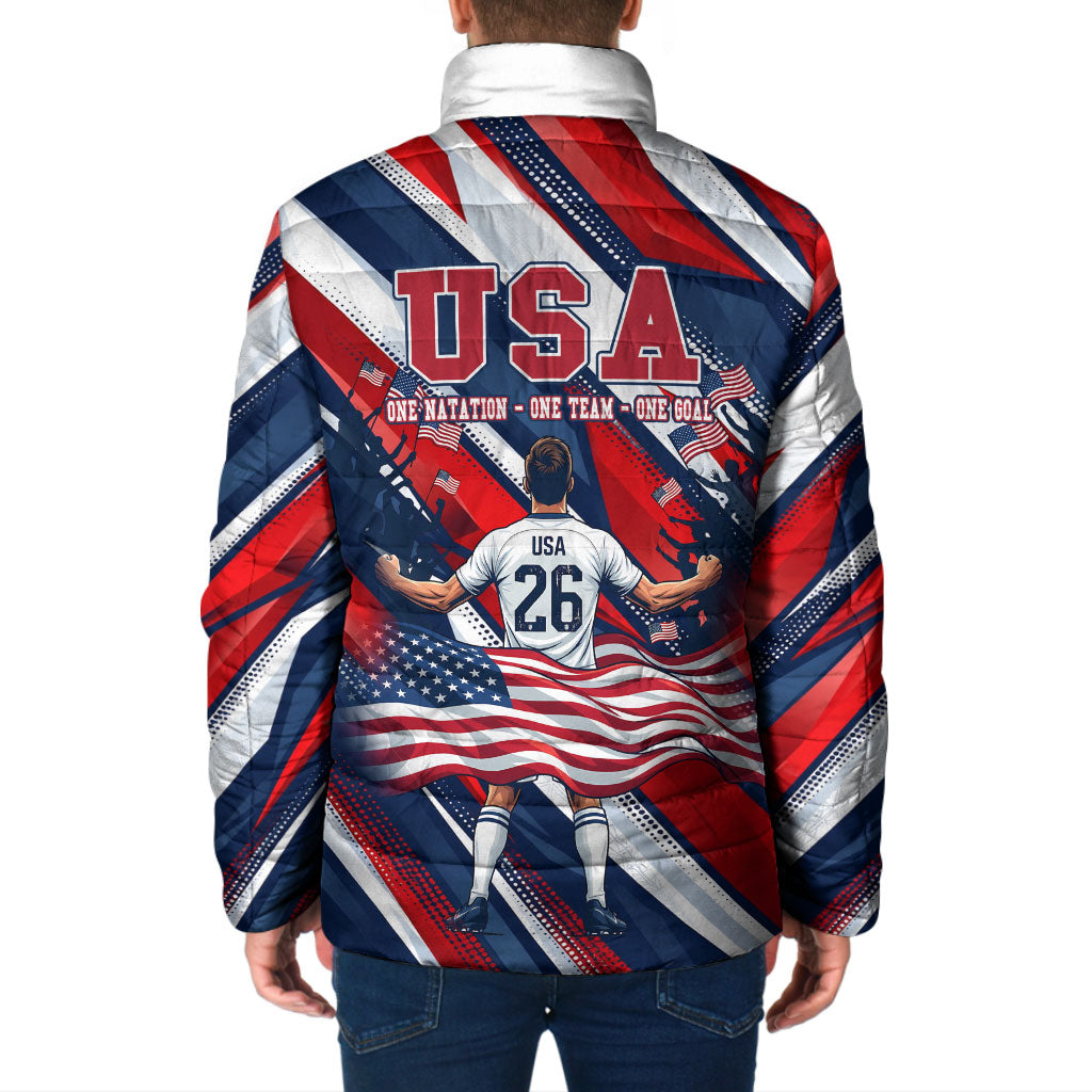 USA World Football Padded Jacket One Team One Goal - Patriotic Bald Eagle Mascot Soccer