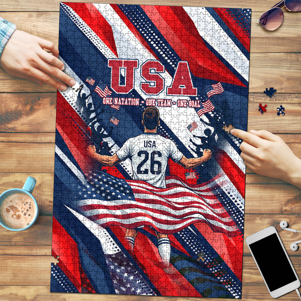 USA World Football Puzzle One Team One Goal - Patriotic Bald Eagle Mascot Soccer