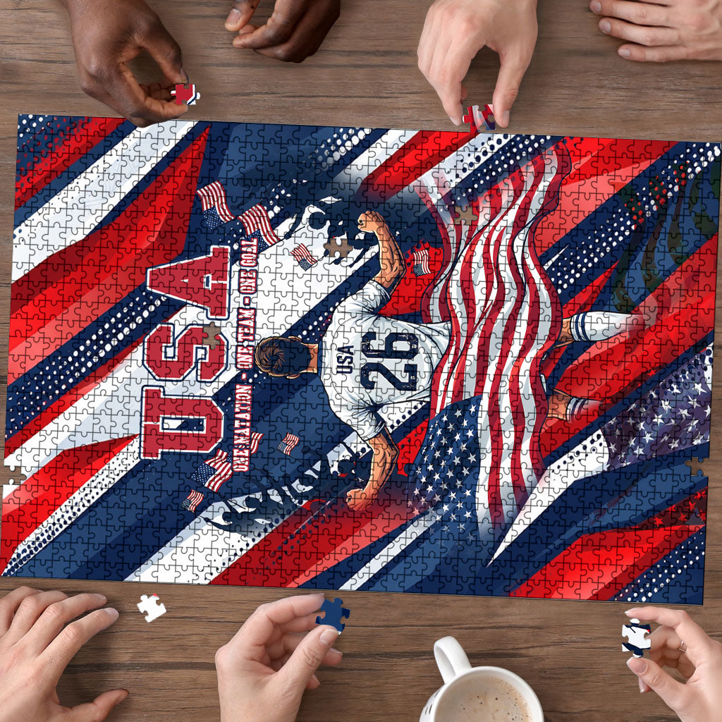 USA World Football Puzzle One Team One Goal - Patriotic Bald Eagle Mascot Soccer