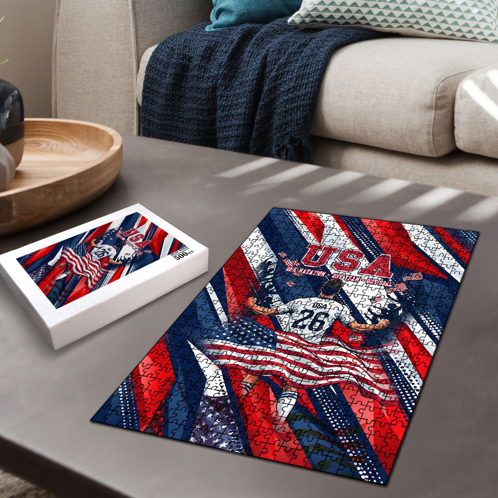 USA World Football Puzzle One Team One Goal - Patriotic Bald Eagle Mascot Soccer