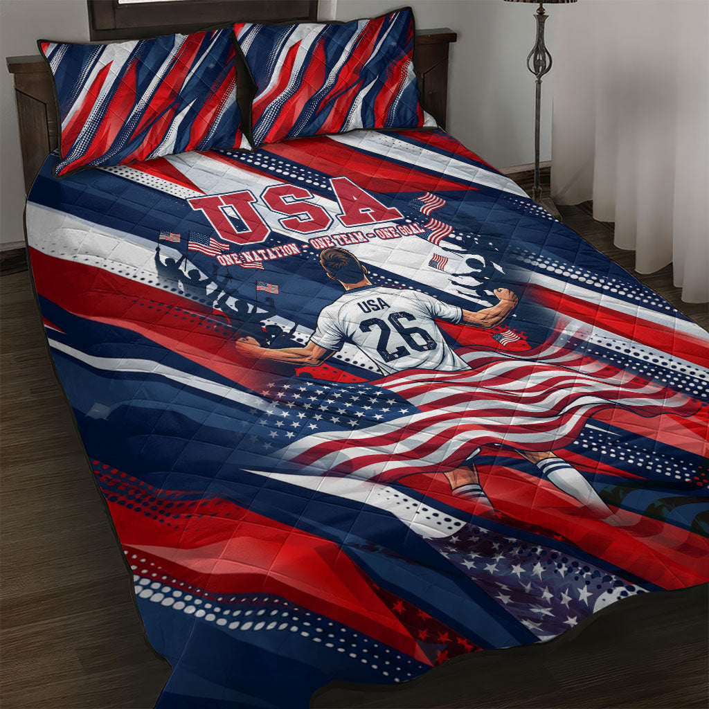 USA World Football Quilt Bed Set One Team One Goal - Patriotic Bald Eagle Mascot Soccer