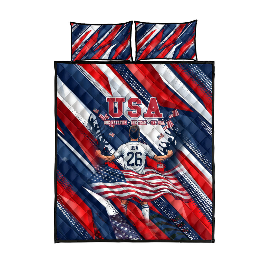 USA World Football Quilt Bed Set One Team One Goal - Patriotic Bald Eagle Mascot Soccer