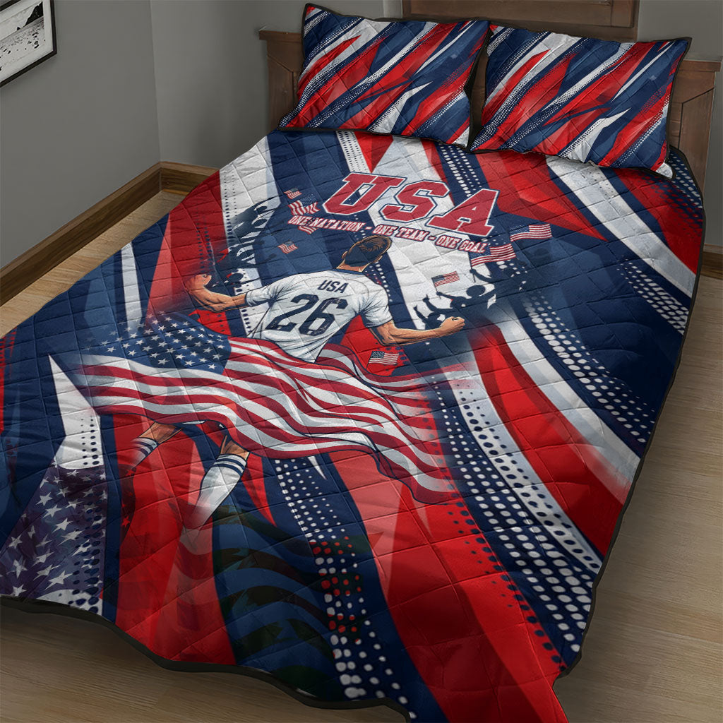 USA World Football Quilt Bed Set One Team One Goal - Patriotic Bald Eagle Mascot Soccer