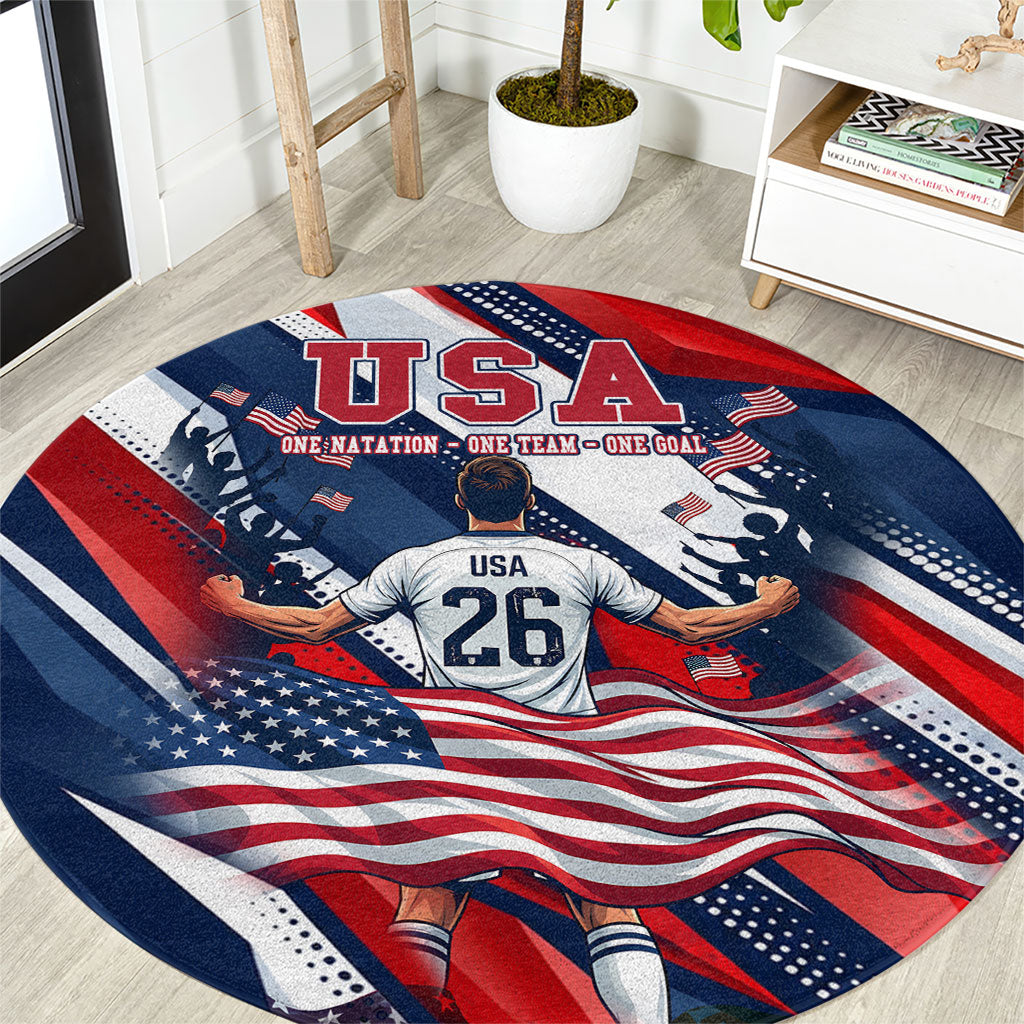 USA World Football Round Carpet One Team One Goal - Patriotic Bald Eagle Mascot Soccer