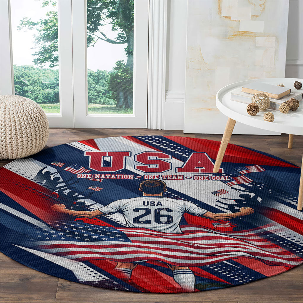 USA World Football Round Carpet One Team One Goal - Patriotic Bald Eagle Mascot Soccer