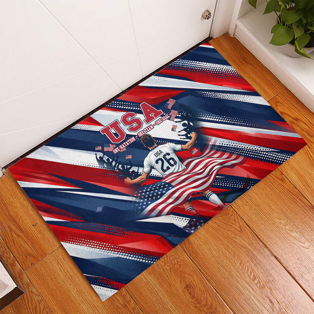 USA World Football Rubber Doormat One Team One Goal - Patriotic Bald Eagle Mascot Soccer
