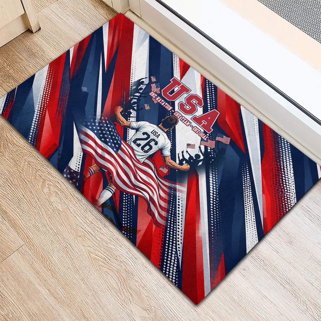 USA World Football Rubber Doormat One Team One Goal - Patriotic Bald Eagle Mascot Soccer