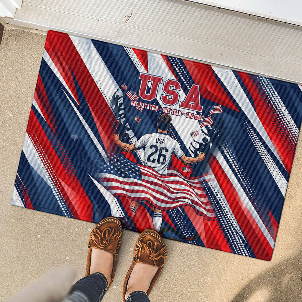USA World Football Rubber Doormat One Team One Goal - Patriotic Bald Eagle Mascot Soccer