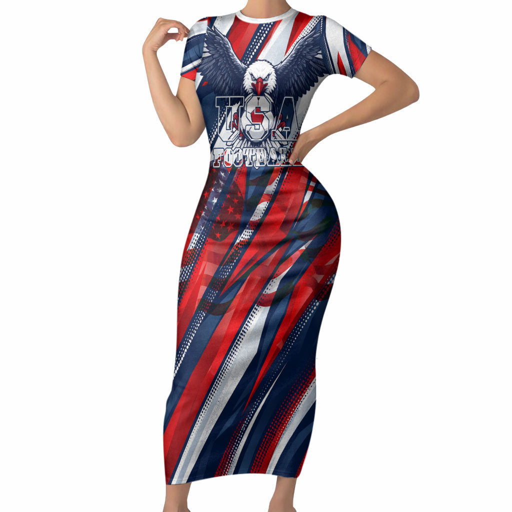 USA World Football Short Sleeve Bodycon Dress One Team One Goal - Patriotic Bald Eagle Mascot Soccer