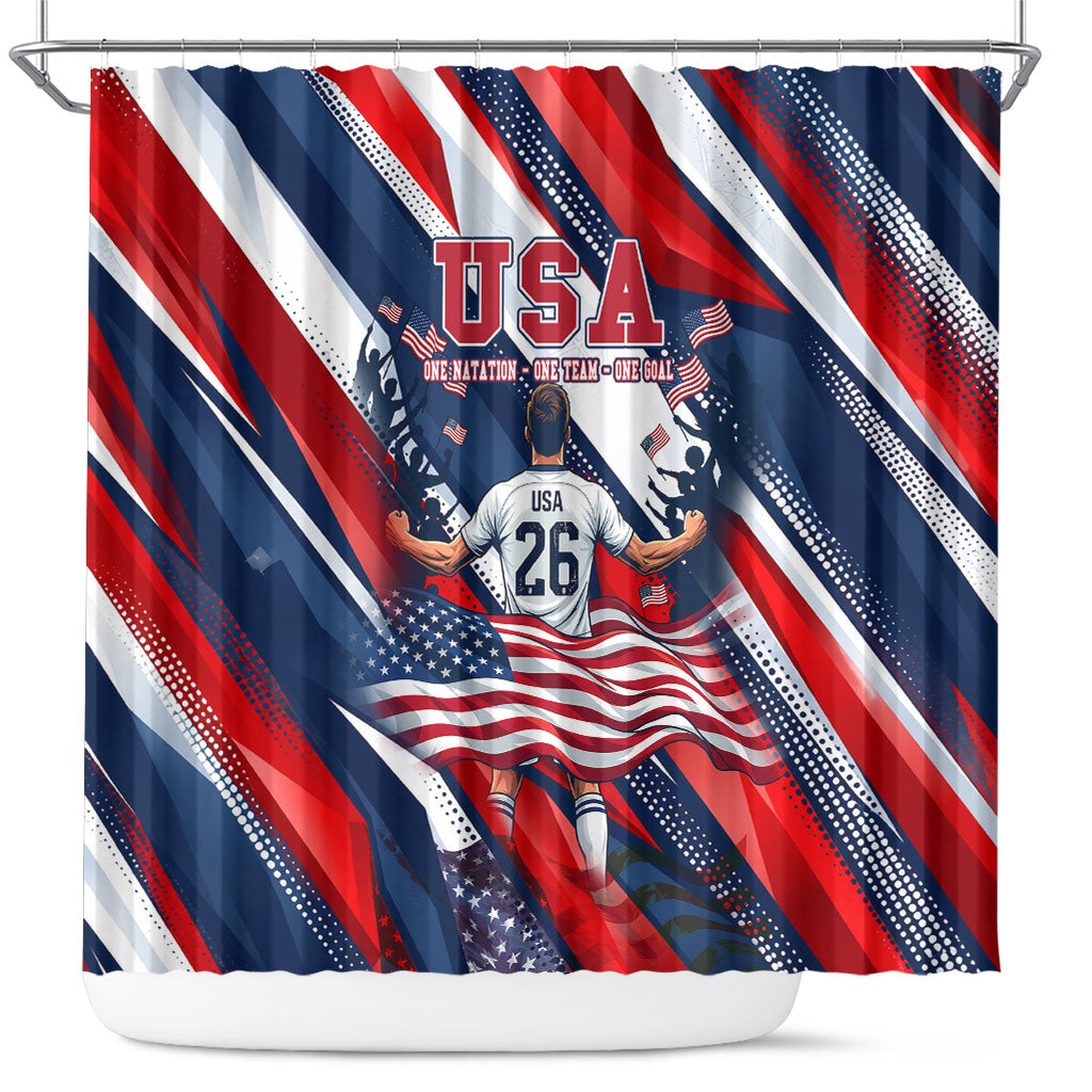 USA World Football Shower Curtain One Team One Goal - Patriotic Bald Eagle Mascot Soccer