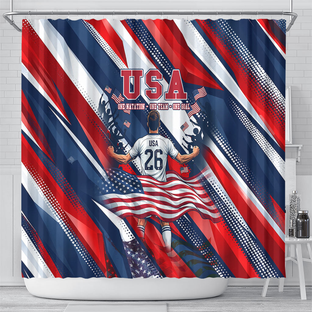 USA World Football Shower Curtain One Team One Goal - Patriotic Bald Eagle Mascot Soccer