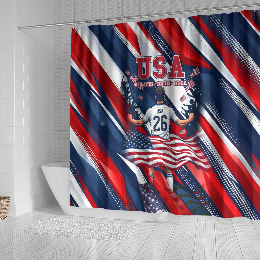 USA World Football Shower Curtain One Team One Goal - Patriotic Bald Eagle Mascot Soccer