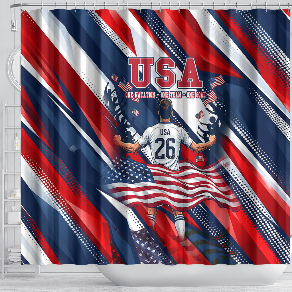 USA World Football Shower Curtain One Team One Goal - Patriotic Bald Eagle Mascot Soccer
