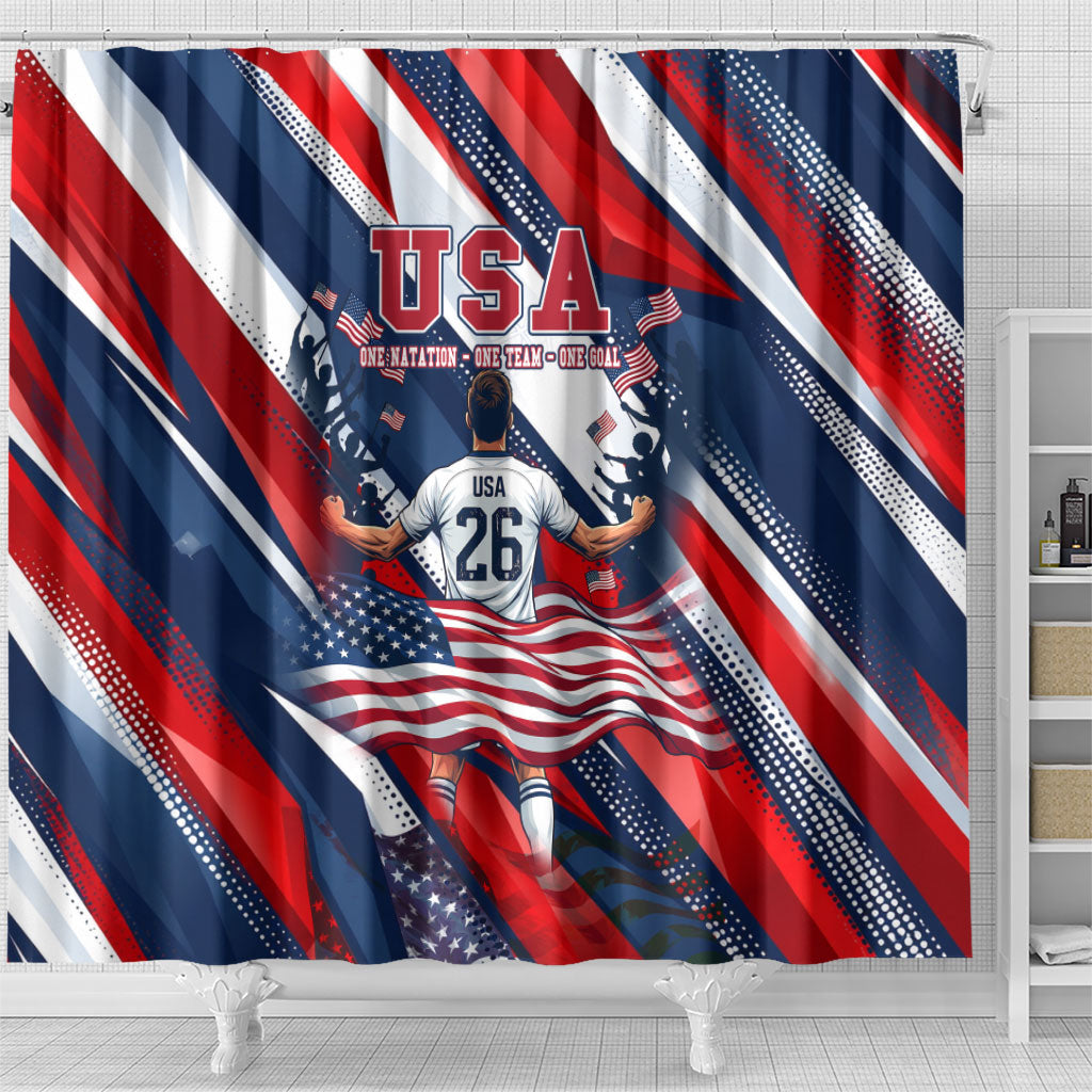 USA World Football Shower Curtain One Team One Goal - Patriotic Bald Eagle Mascot Soccer
