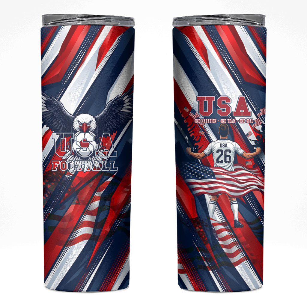 USA World Football Skinny Tumbler One Team One Goal - Patriotic Bald Eagle Mascot Soccer