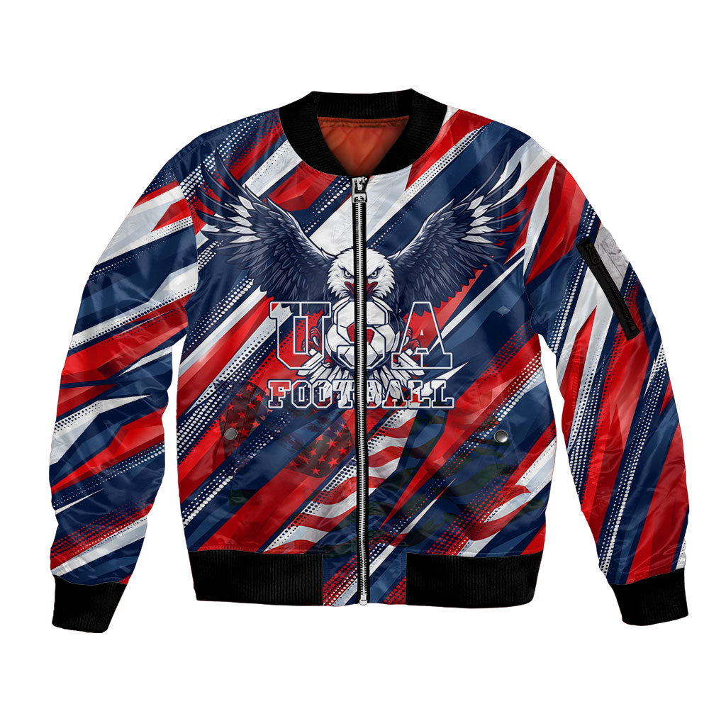 USA World Football Sleeve Zip Bomber Jacket One Team One Goal - Patriotic Bald Eagle Mascot Soccer
