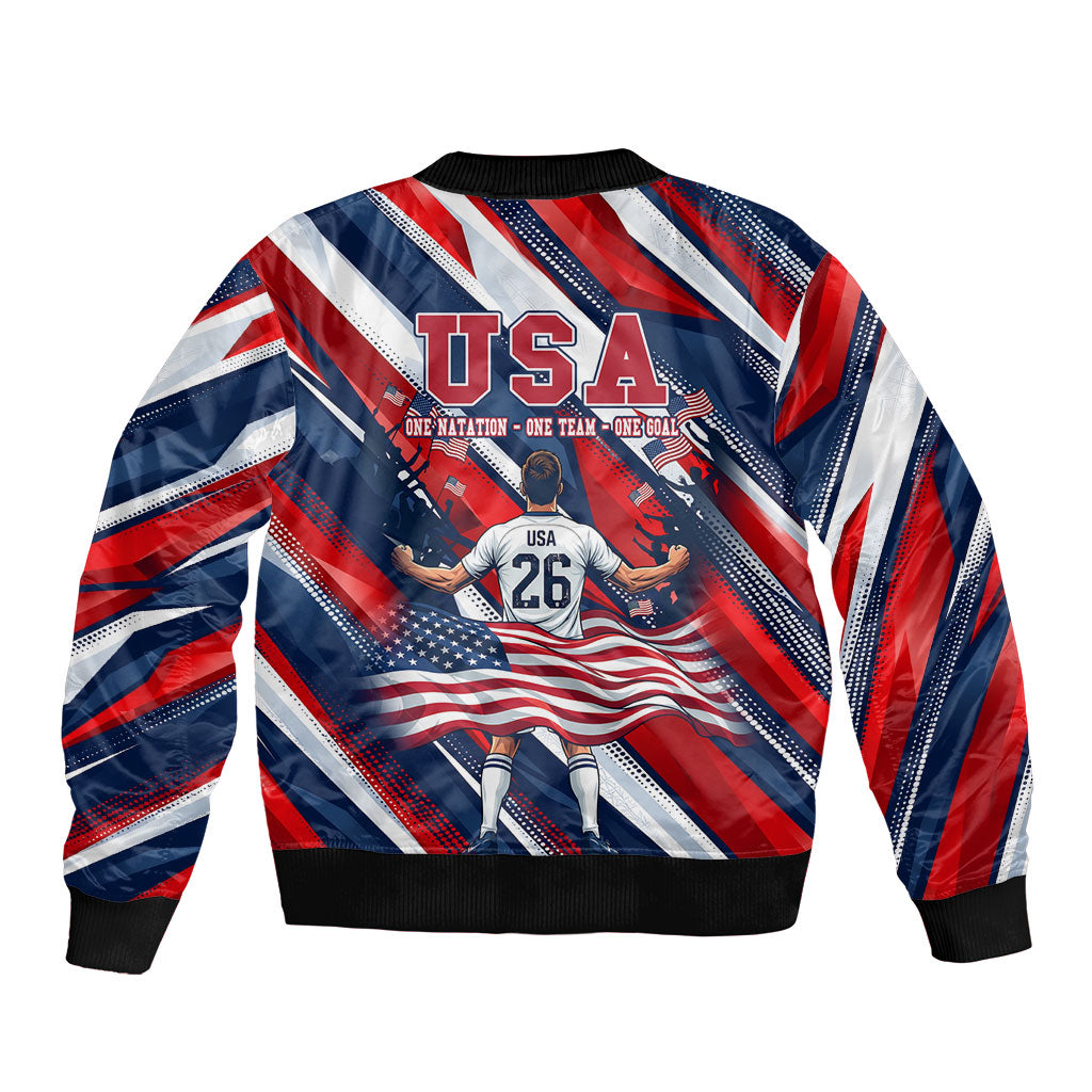 USA World Football Sleeve Zip Bomber Jacket One Team One Goal - Patriotic Bald Eagle Mascot Soccer