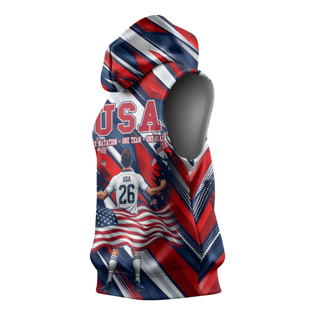 USA World Football Sleeveless Hoodie One Team One Goal - Patriotic Bald Eagle Mascot Soccer