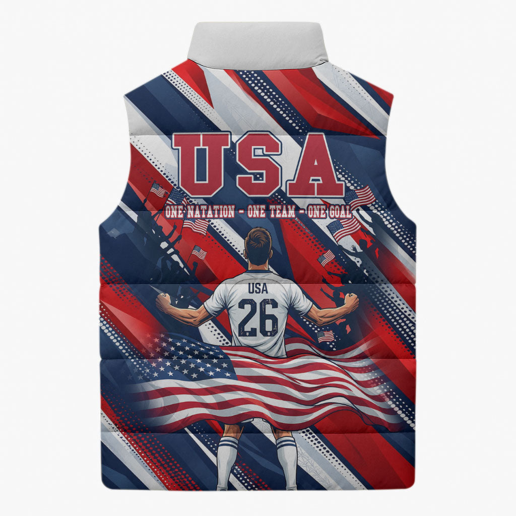 USA World Football Sleeveless Puffer Jacket One Team One Goal - Patriotic Bald Eagle Mascot Soccer