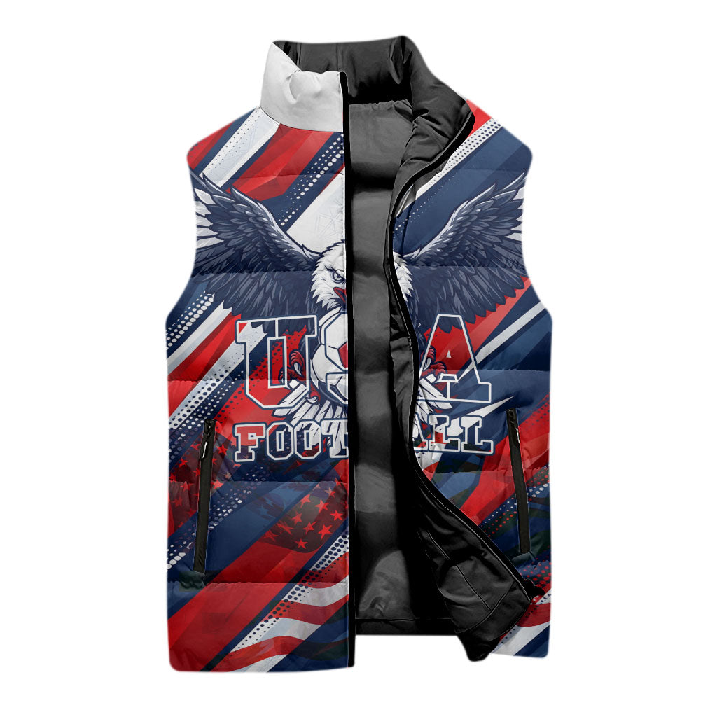 USA World Football Sleeveless Puffer Jacket One Team One Goal - Patriotic Bald Eagle Mascot Soccer