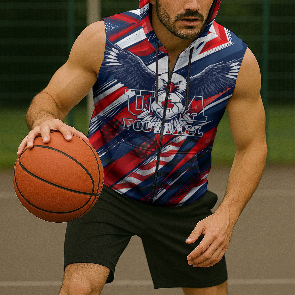 USA World Football Sleeveless Zip Hoodie One Team One Goal - Patriotic Bald Eagle Mascot Soccer