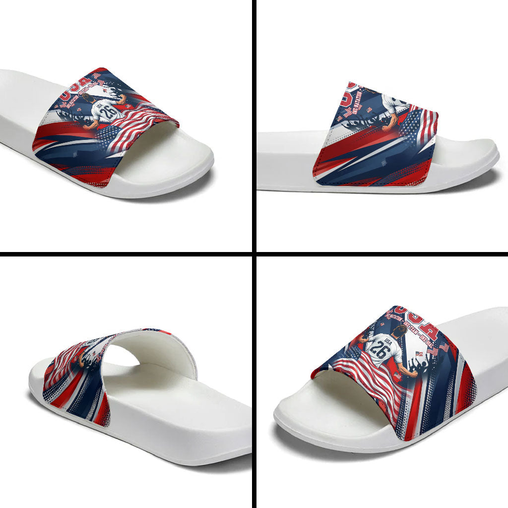 USA World Football Slide Sandals One Team One Goal - Patriotic Bald Eagle Mascot Soccer