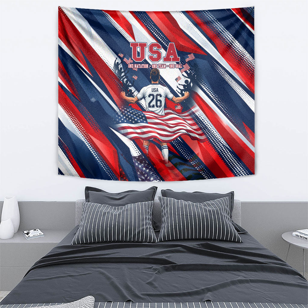 USA World Football Tapestry One Team One Goal - Patriotic Bald Eagle Mascot Soccer