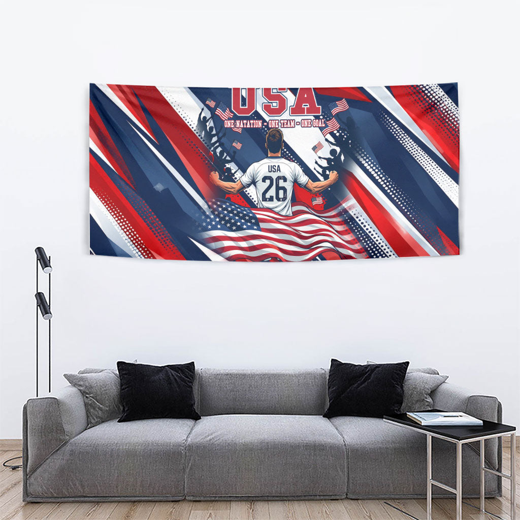 USA World Football Tapestry One Team One Goal - Patriotic Bald Eagle Mascot Soccer
