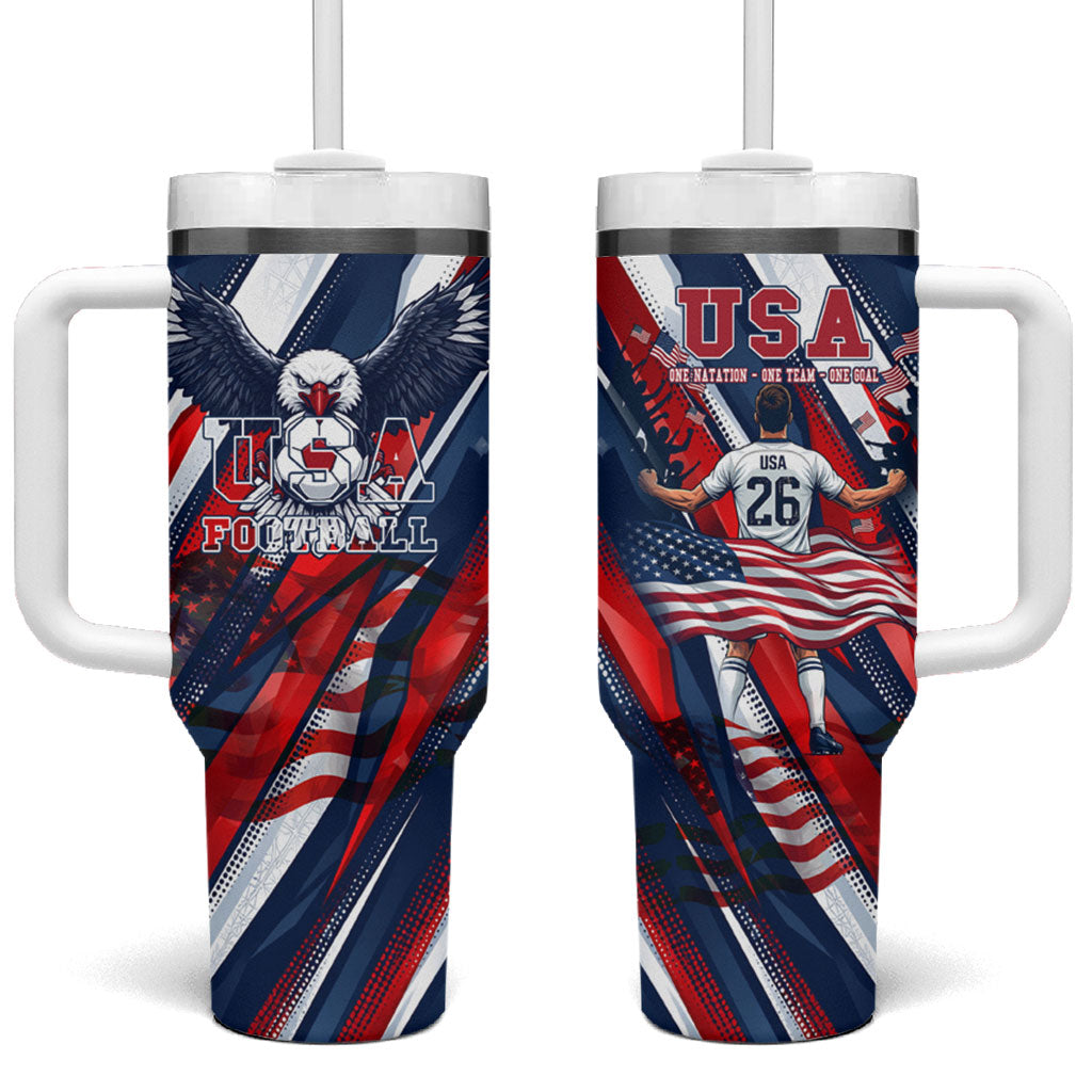 USA World Football Tumbler With Handle One Team One Goal - Patriotic Bald Eagle Mascot Soccer