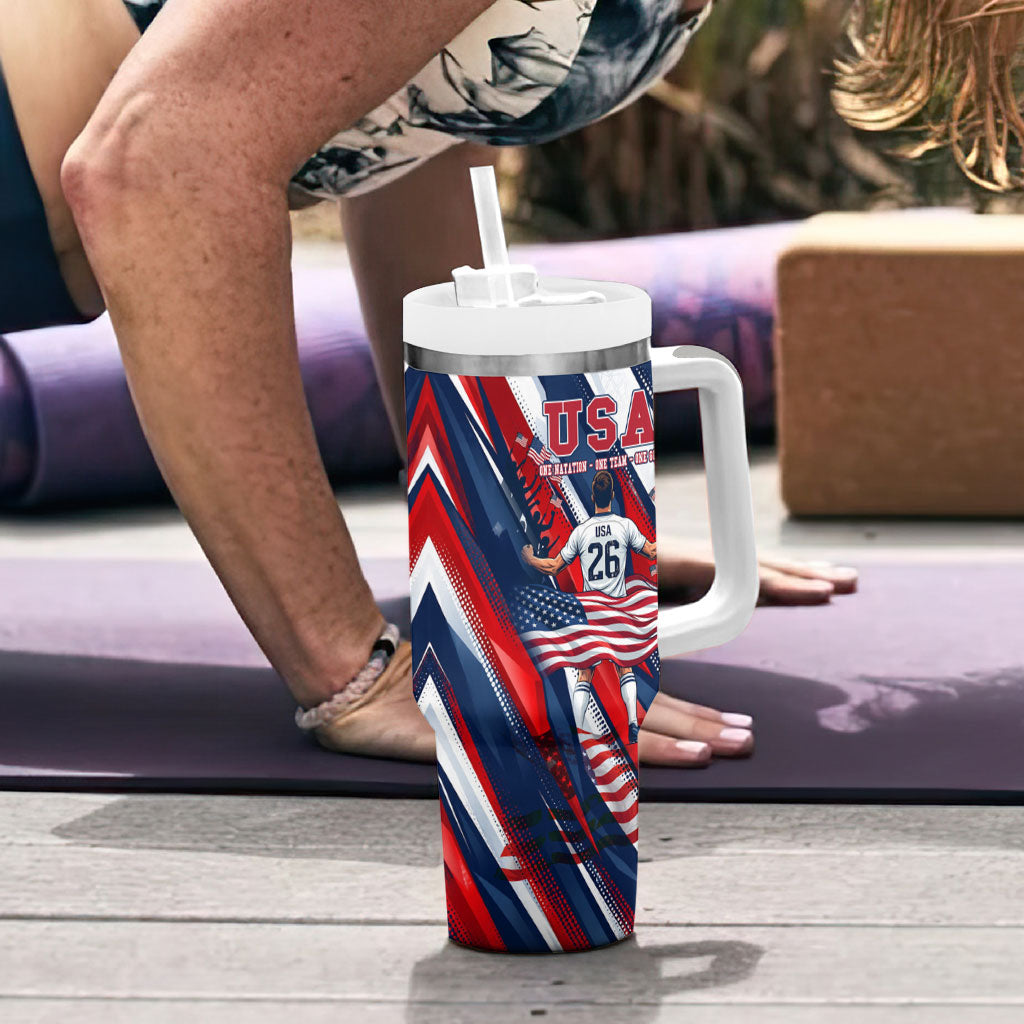 USA World Football Tumbler With Handle One Team One Goal - Patriotic Bald Eagle Mascot Soccer