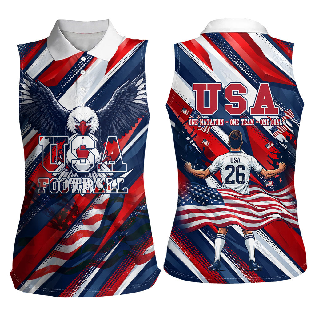 USA World Football Women Sleeveless Polo Shirt One Team One Goal - Patriotic Bald Eagle Mascot Soccer