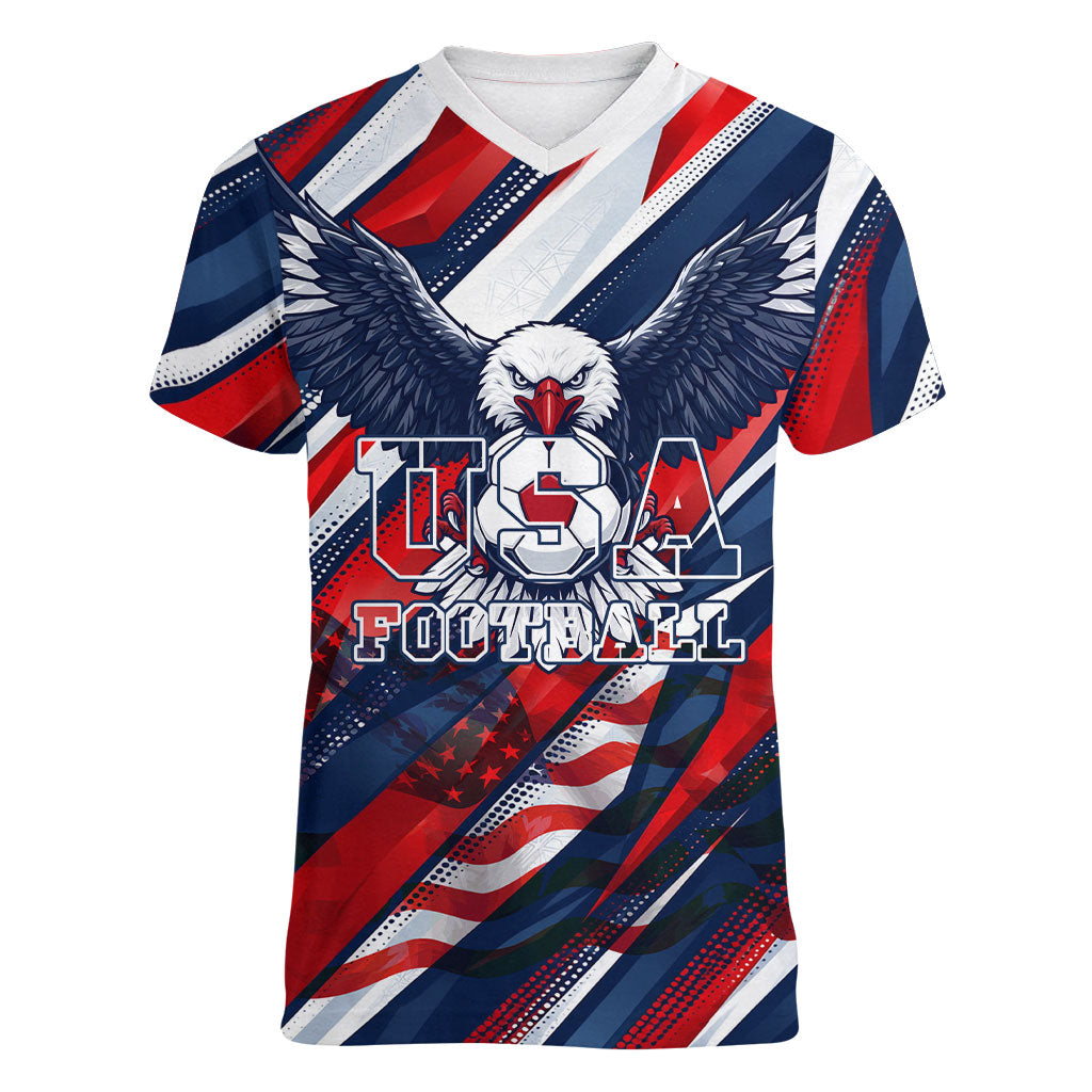 USA World Football Women V-Neck T-Shirt One Team One Goal - Patriotic Bald Eagle Mascot Soccer
