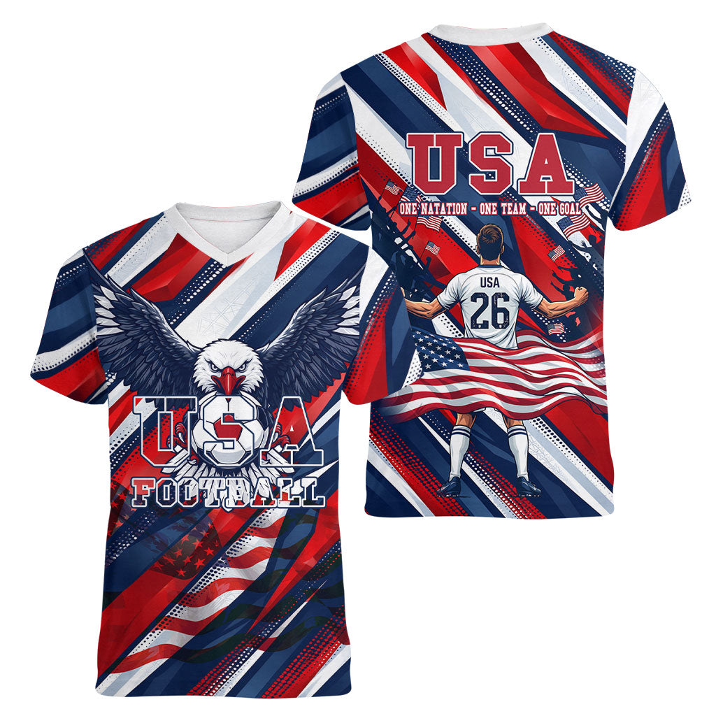 USA World Football Women V-Neck T-Shirt One Team One Goal - Patriotic Bald Eagle Mascot Soccer