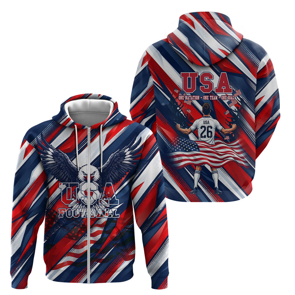 USA World Football Zip Hoodie One Team One Goal - Patriotic Bald Eagle Mascot Soccer